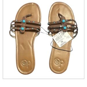 OP Brown Turquoise Stone Multi-Strap Thong Slide Sandals Women’s Size 10 NW